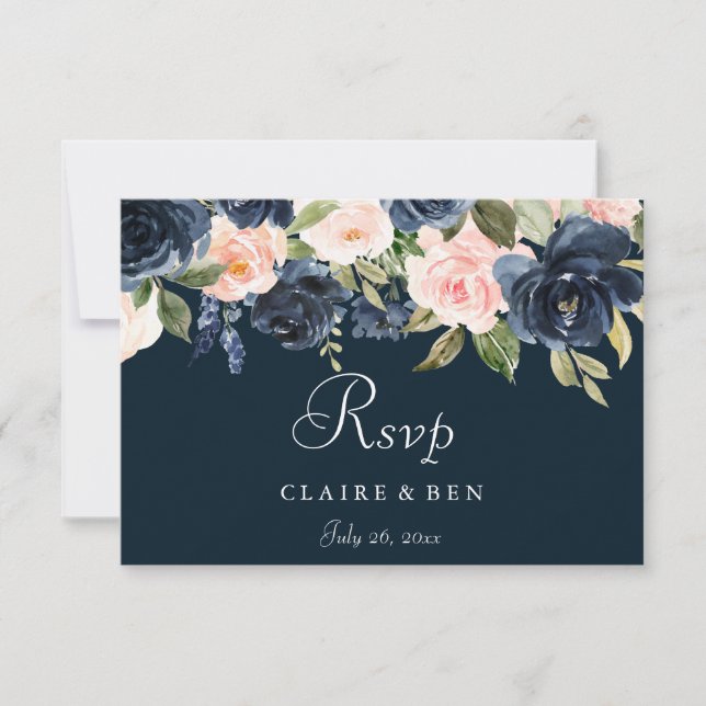 Deep Navy  Blommigt Bröllop OSA Kort (Framsida)