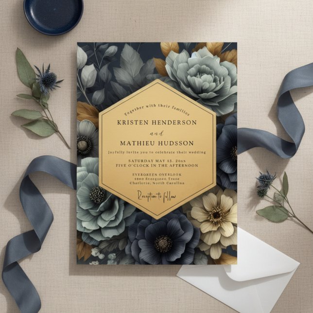 Deep Navy Floral Enchantment Wedding Inbjudningar (Skapare uppladdad)