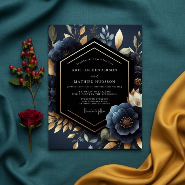 Deep Navy Floral Luxe Wedding Inbjudningar (Skapare uppladdad)