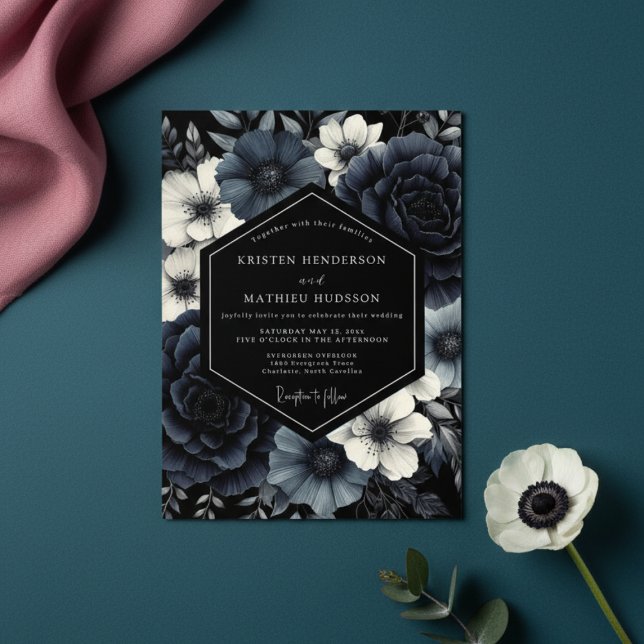 Deep Navy Floral Opulence Wedding Inbjudningar (Skapare uppladdad)