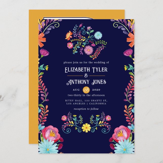 Deep Navy & Marigold Floral Mexican Fiesta Wedding Inbjudningar (Fram/baksida)