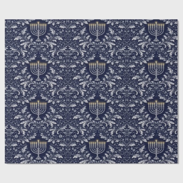 Deep Navy Menorah William Morris Pattern Presentpapper (Platt)