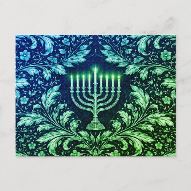 Deep Navy Menorah William Morris Pattern Vykort (Framsida)