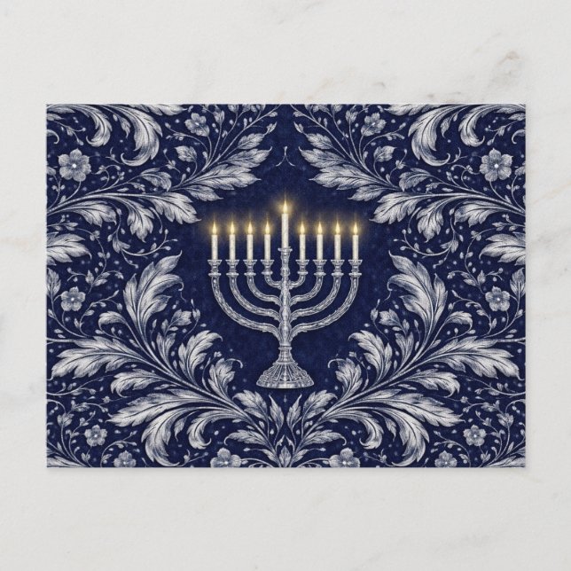 Deep Navy Menorah William Morris Pattern Vykort (Framsida)