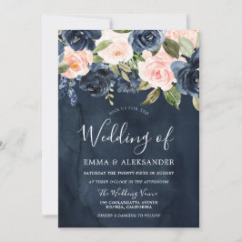 Deep Navy Watercolor Rosa Blommigt Bröllop Inbjudningar
