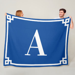 Deep och Blue White Grekiska Nyckel Gräns Monogram Fleecefilt