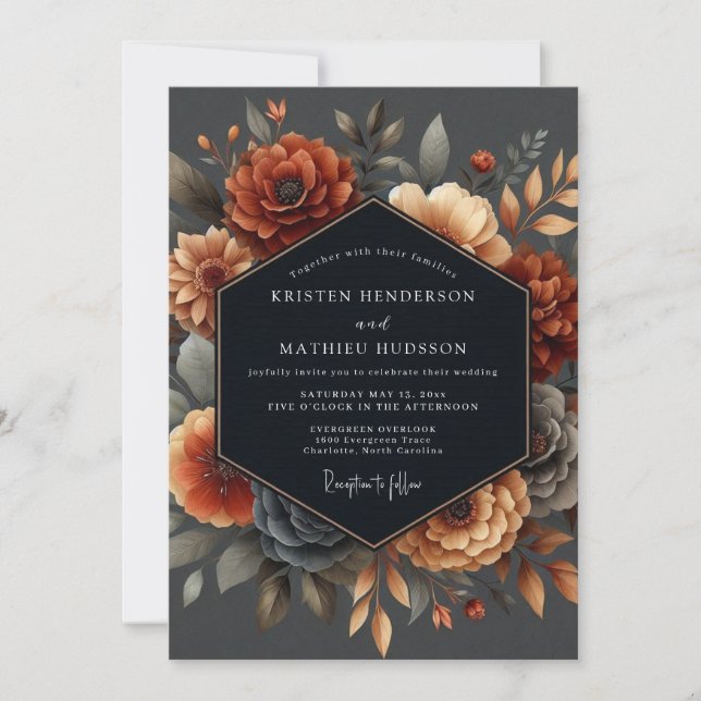 Deep Orange Floral Autumn Wedding Inbjudningar (Framsida)