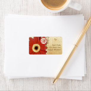 Deep Orange Red Musical Gerber Daisy Monogram Adressetikett