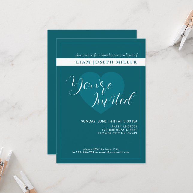 Deep Petrol Anpassningsbar Script Birthday-inbjuda Inbjudningar (Fram/Back In Situ)