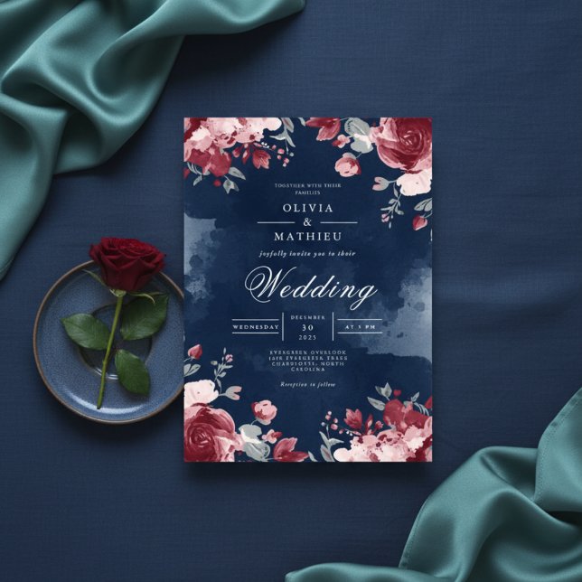 Deep Plum Floral Watercolour Wedding Inbjudningar (Skapare uppladdad)