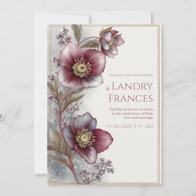 Deep Plum Hellebore Gold Glitter Frame Wedding Inbjudningar (Framsida)