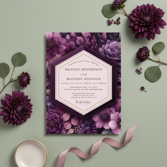 Deep Purple Floral Romance Wedding Inbjudningar (Skapare uppladdad)