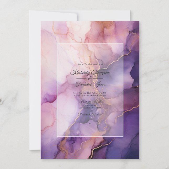Deep Purple, Lavendel och Rosa Guld Bläck Bröllop Inbjudningar (Framsida)