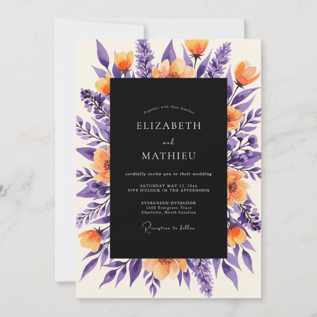 Deep Purple Orange Bold Botanical Wedding Inbjudningar (Framsida)