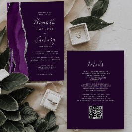 Deep Purple Silver Agat QR-kod Bröllop Inbjudningar
