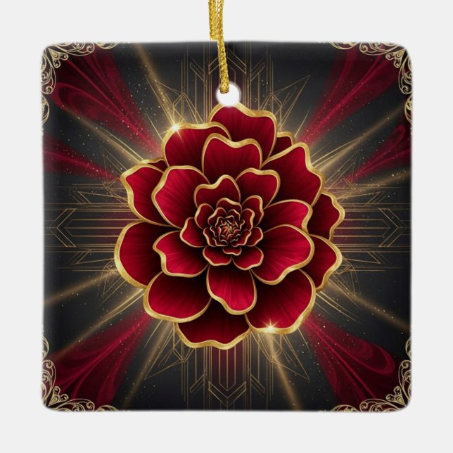 Deep Red Art Deco Flower Ornament with Gold Accent (Framsida)