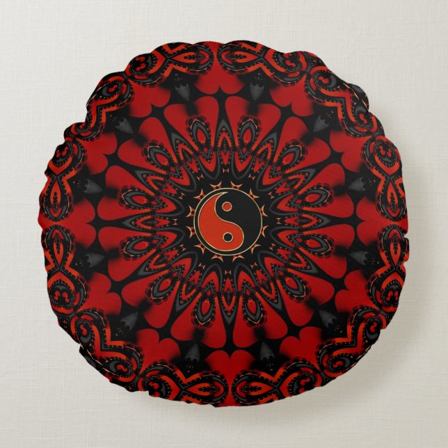 Deep Red Balance (Yin Yang) Round Cushion/Pillow Rund Kudde (Framsidan)