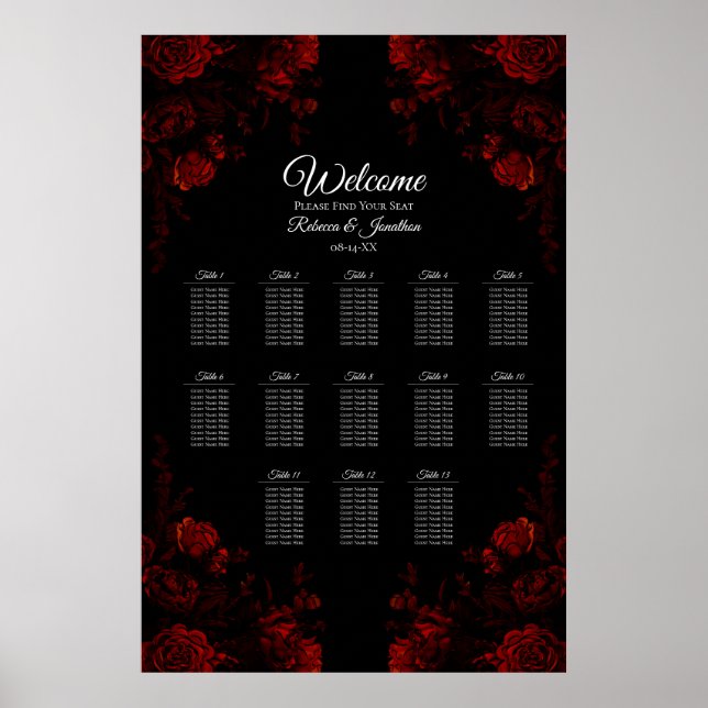 Deep Red Blommigt Elegant Gothic Bröllop Poster (Framsidan)