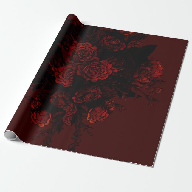 Deep Red Blommigt Elegant Gothic Bröllop Presentpapper (Utrullad)