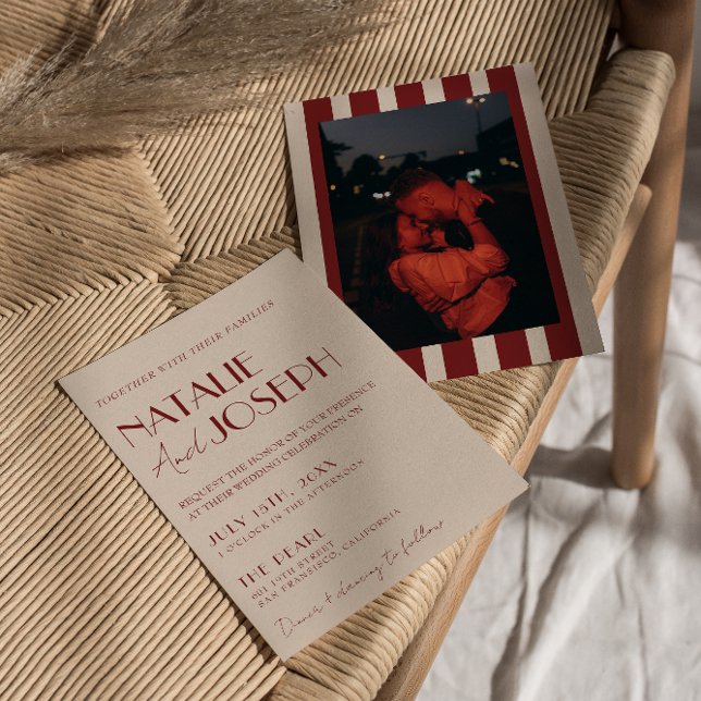 Deep Red Blue Whimsical Modern Photo Wedding Inbjudningar (Skapare uppladdad)