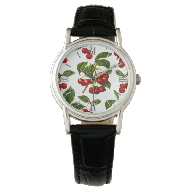 Deep Red Botanical Cherry Mönster Armbandsur (Framsida)