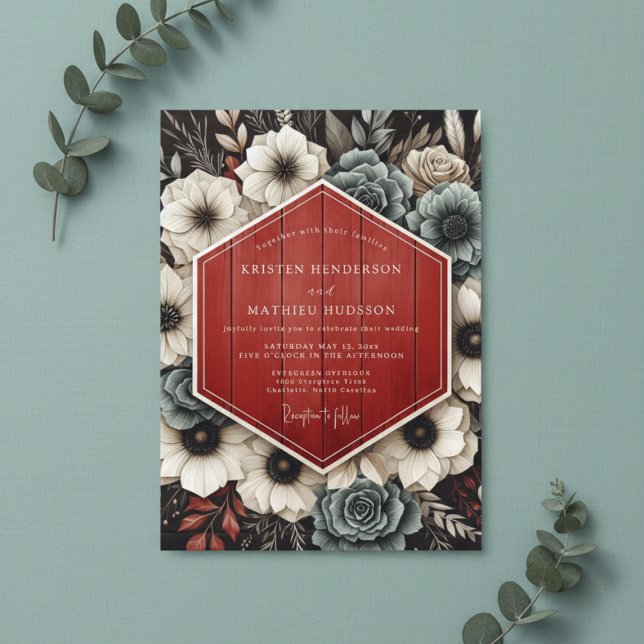 Deep Red Botanical Opulent Wedding Inbjudningar (Skapare uppladdad)