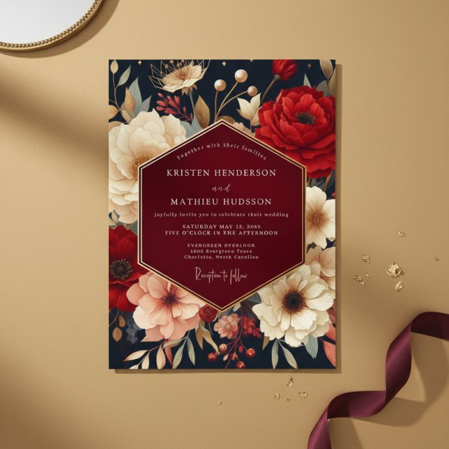 Deep Red Botanical Opulent Wedding Inbjudningar (Skapare uppladdad)