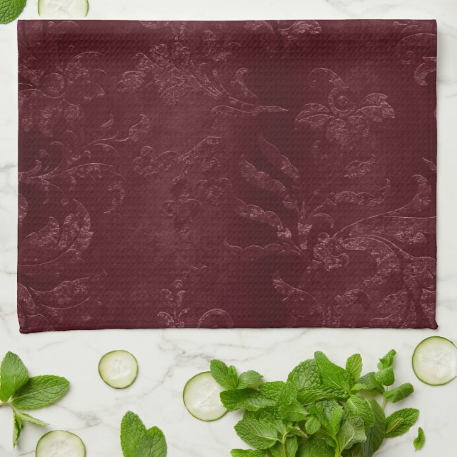 Deep Red Burgundy Floral Christmas Kökshandduk (Vikta)