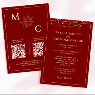 Deep Red Elegant QR Code Bröllop Inbjudningar