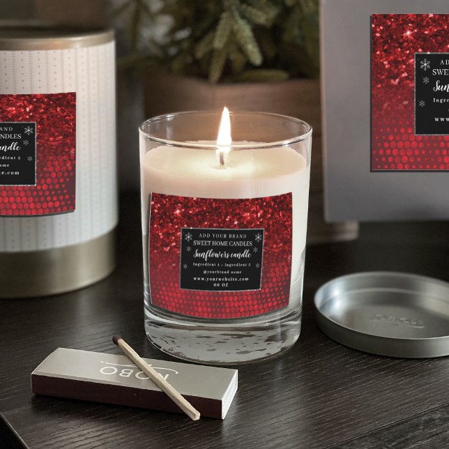 Deep Red Faux Glitter Ljus Ingredients Mat Etiketter (#zazzlemade #zazzlelabel #zazzlesticker #deepred #cristmas #rcandlelabel #snowflake #glitterred  )