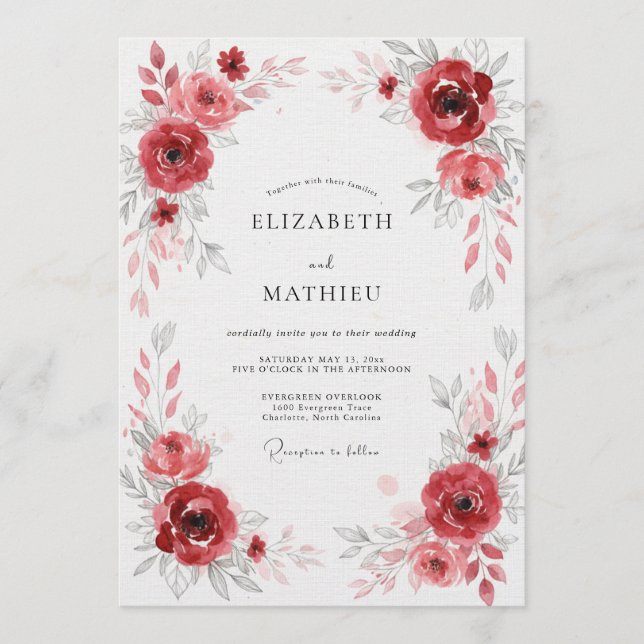 Deep Red Floral Flourish Wedding Inbjudningar (Framsida)