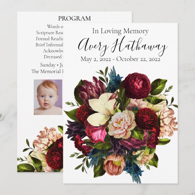 Deep Red Flower Bouquet Funeral Memorial Program (Fram/baksida)