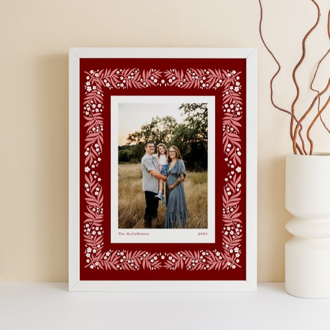 Deep Red Folk Art Blommigt Ram med Anpassningsbar  Poster (Burgundy red Scandinavian folk art style frame with custom photo and text caption)