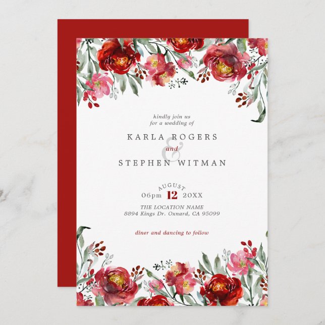 Deep-red Garden Blommigt Ram Inbjudningar (Fram/baksida)
