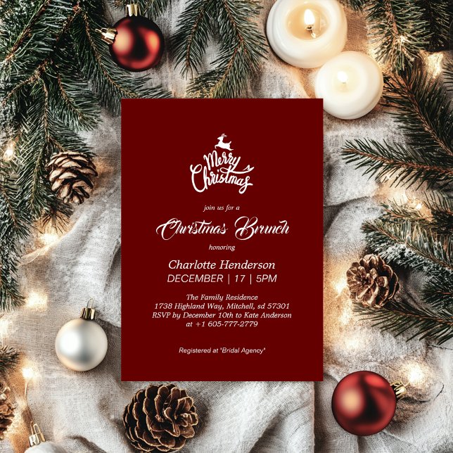Deep Red God jul Möhippa Brunch Inbjudningar (Deep Red Merry Christmas Bridal Brunch Invitation)