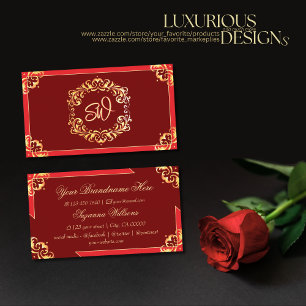Deep Red Golden Ornate med Monogram sofistikerat Visitkort