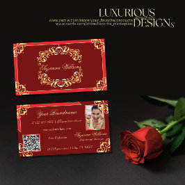 Deep Red Golden Ornate med Photo- och QR-kod Visitkort