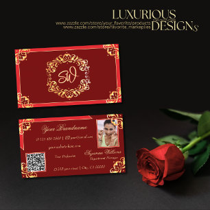 Deep Red Golden Ornate Monogram Photo QR-kod Visitkort