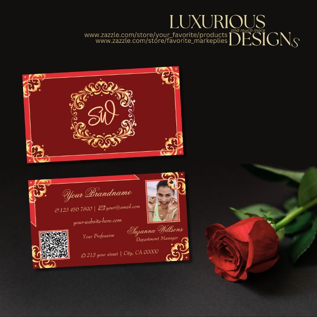 Deep Red Golden Ornate Monogram Photo QR-kod Visitkort (Skapare uppladdad)