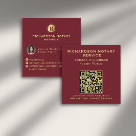 Deep Red Guld Monogram Elegant Notary QR Photo Fyrkantigt Visitkort