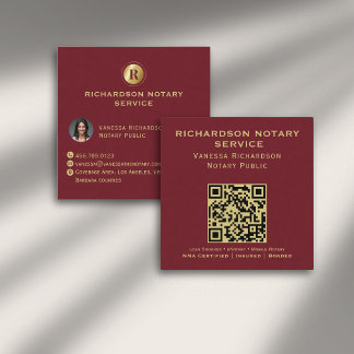 Deep Red Guld Monogram Elegant Notary QR Photo Fyrkantigt Visitkort