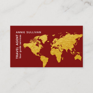 Deep Red Guld World Map Travel Agent Visitkort