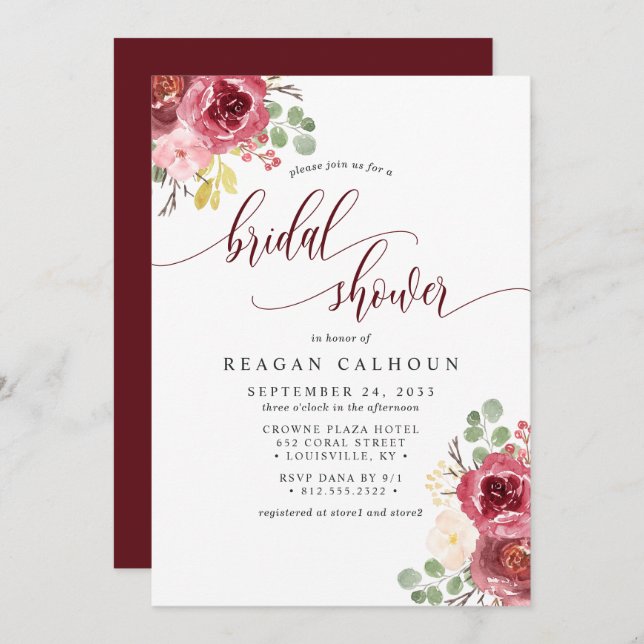 Deep Red Merlot Blommigt Watercolor Möhippa Inbjudningar (Fram/baksida)