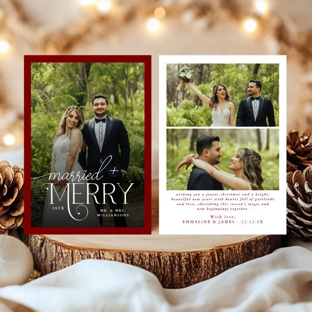 Deep Red Merry & Married Photo Newlyweds jul Julkort (Skapare uppladdad)
