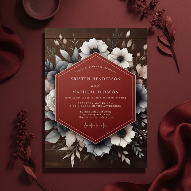 Deep Red Moody Floral Wedding Inbjudningar (Skapare uppladdad)