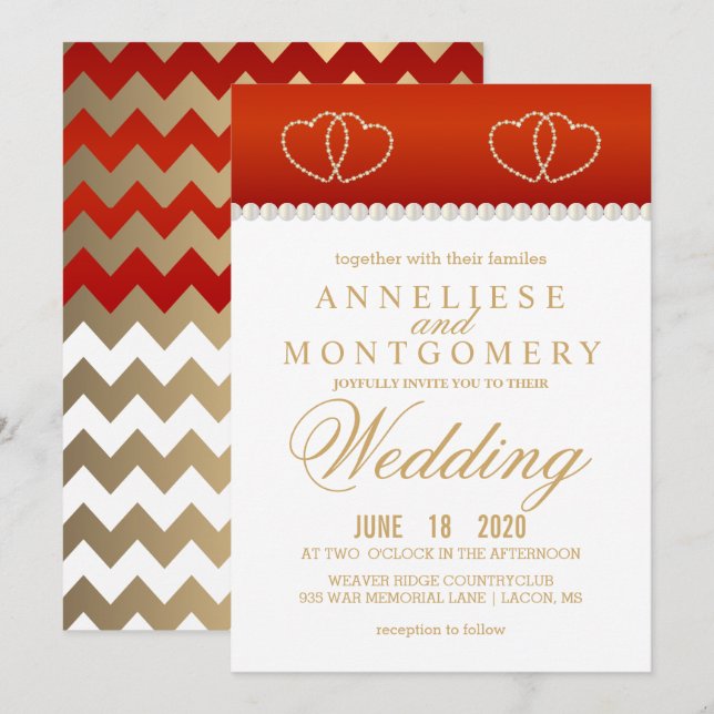 Deep Red och Guld Hearts - inbjudan (Fram/baksida)