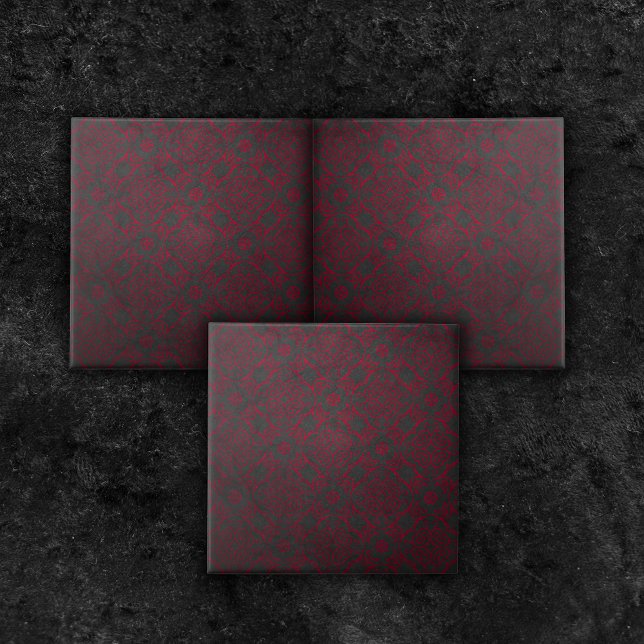 Deep Red Ornate Damask Pattern on Black Kakelplatta (Skapare uppladdad)