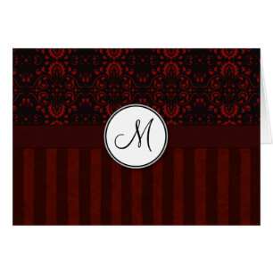 Deep Red på Black Damask och Rand med Monogram Hälsningskort