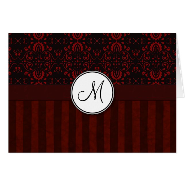 Deep Red på Black Damask och Rand med Monogram Hälsningskort (Framsidan Horizontal)