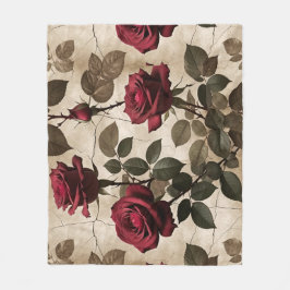 Deep Red Roses With Dark Green Leaves Fleecefilt